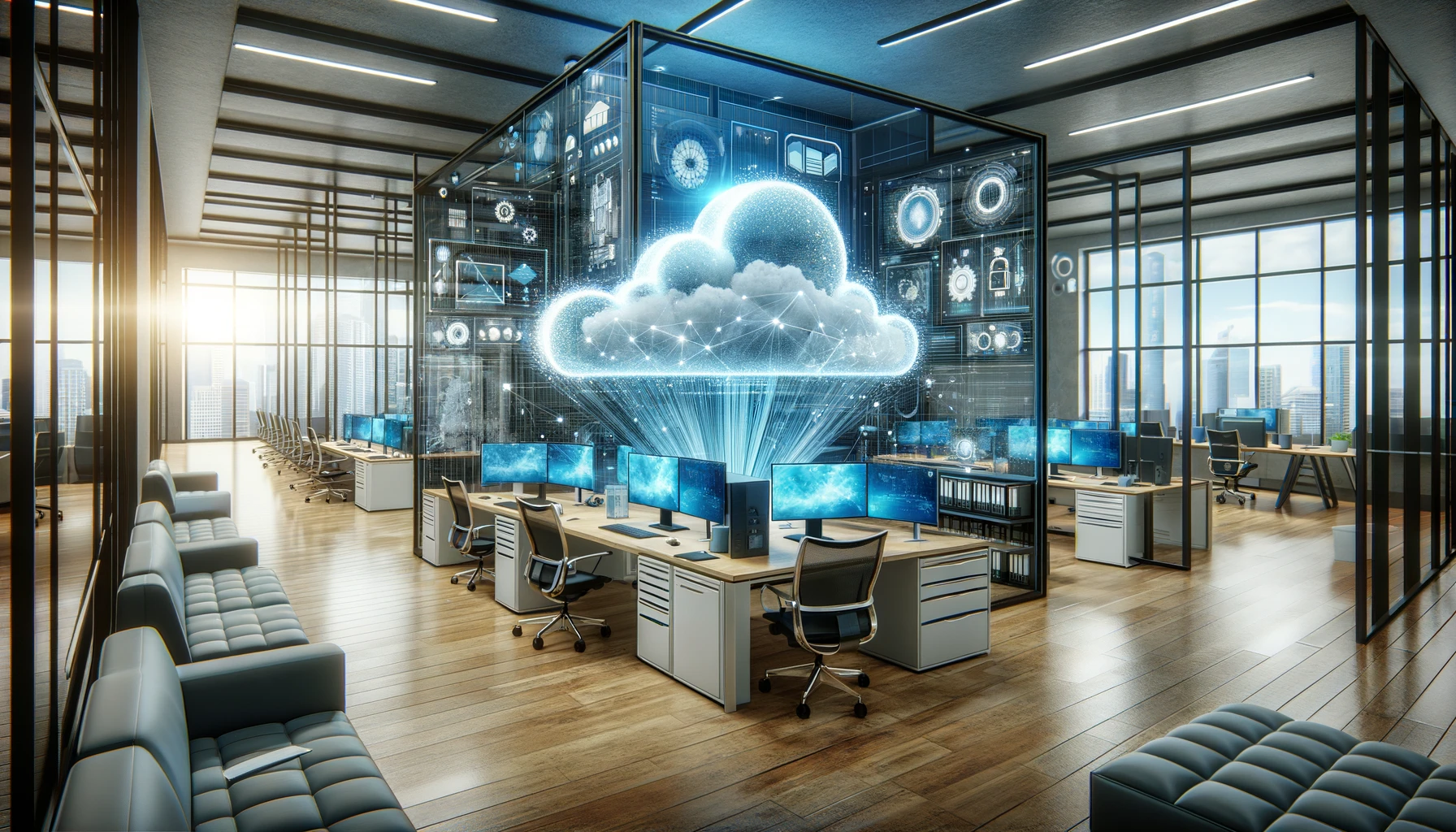 Moderne Büroumgebung mit hochmoderner Technik und Cloud-Visualisierungen, die Innovation und zukunftsorientierte Technologien symbolisieren. Das Büro ist geräumig und zeitgemäß gestaltet, mit schlanken Möbeln und großen Fenstern, die viel natürliches Licht hereinlassen. Digitale Wolken und Hologramme schweben im Raum und unterstreichen den Fokus auf Cloud-Computing.